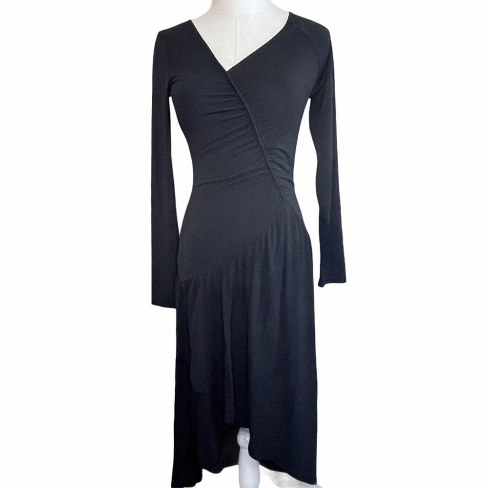 Lenon Womens A-line Dress Black Stretch Asymmetric Long Sleeve Ruched XS